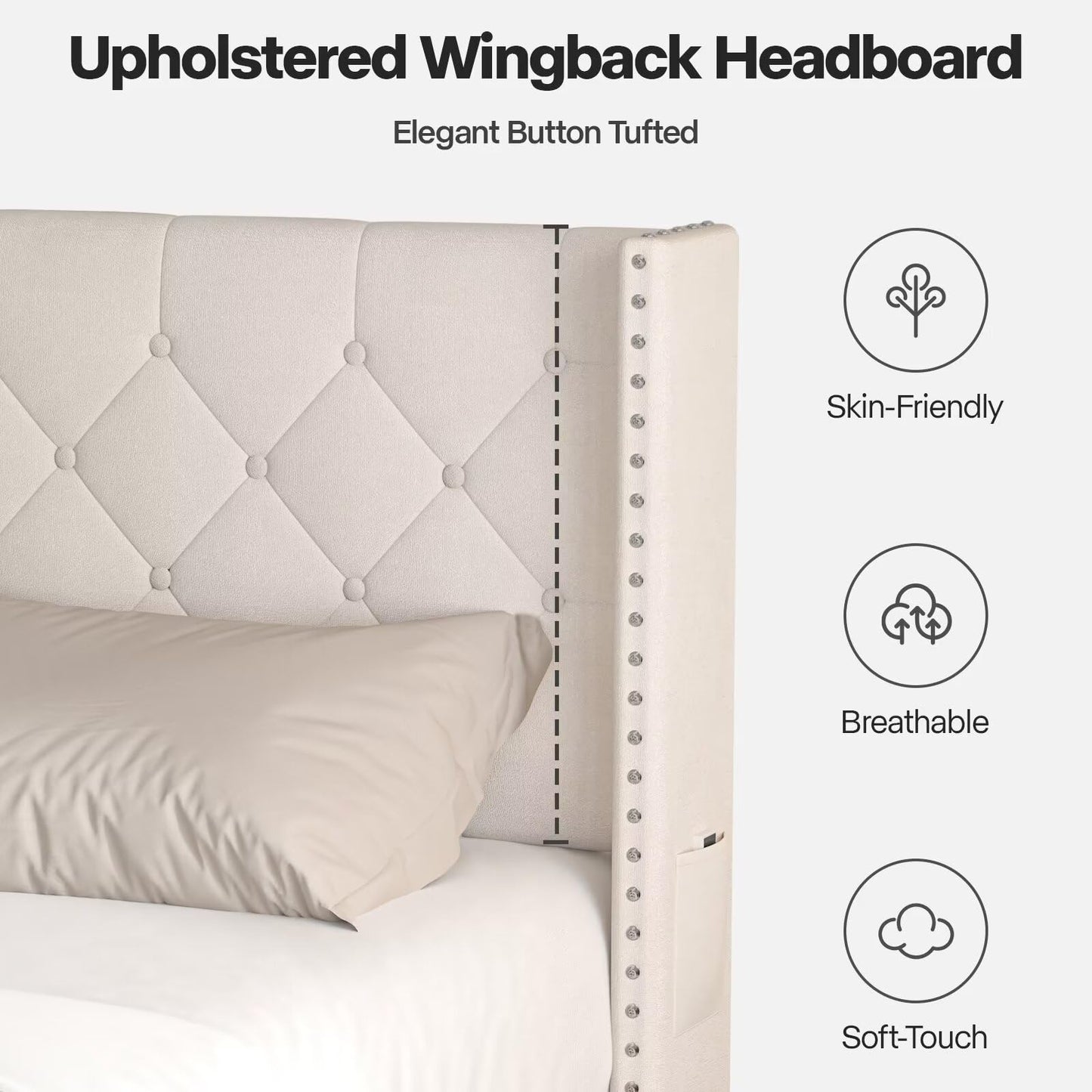 Lihimte Full Size Bed Frame with Led Lights, Upholstered Velvet Platform Bed Frames with Button Tufted Wingback Headboard and Footboard, Wooden Slats Support, No Box Spring Needed, Beige