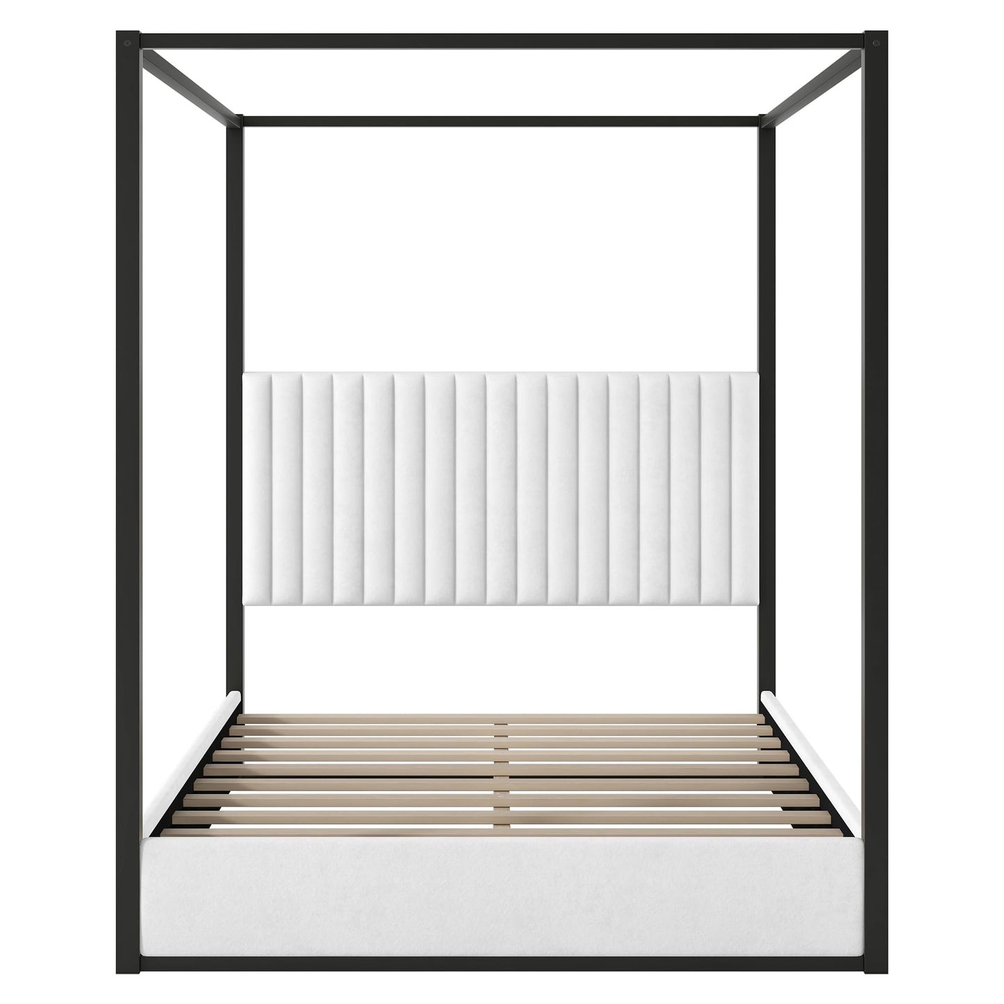 LUMISOL Queen Size Metal Canopy Bed Frame, Black 4 Poster Bed with Tall Upholstered Headboard, Upholstered Low Profile Canopy Platform Bed with Slats Support, No Box Spring Needed, Black + White