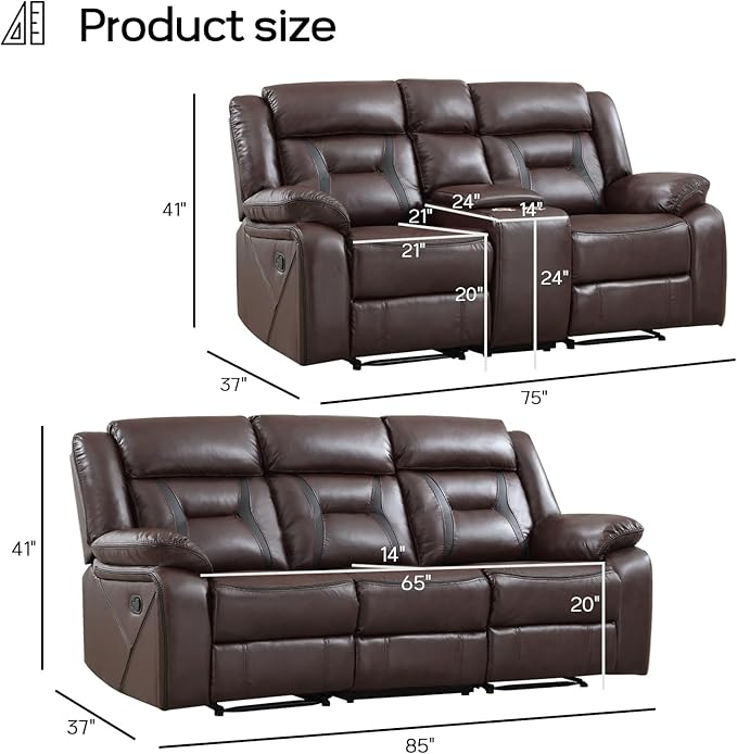 EBELLO Manual Recliner Sofa Set, Faux Leather Reclining Living Room Furniture Set, Included Loveseat and 3 Seat Manual Recliner Sofa, Dark Brown(Loveseat+Sofa)
