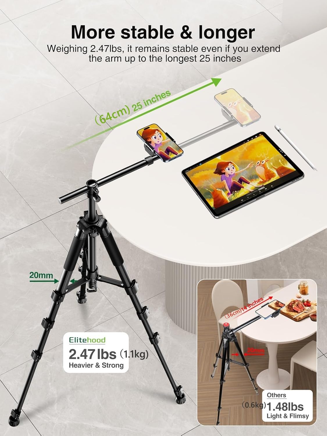 Elitehood Phone Tripod For Overhead Video Recording - Updated Horizontal 59-Inch Adjustable Tripod For Iphone With 25In Long Ext