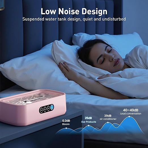 WINTERCRUSH Ultrasonic Retainer Cleaner for Tooth: 50KHz Jewelry Cleaner Deep Cleaning Machine - 650ML Dental Cleaning Pod for Dentures/Mouth Guards/Eyeglasses-3 Timers -Stainless Steel- Pink
