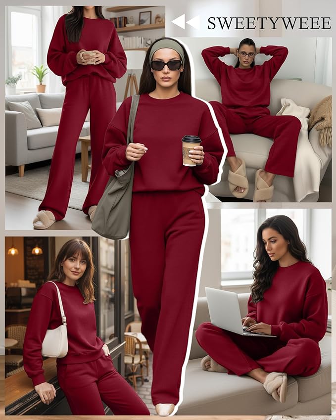 Sweetyweee Women's 2 Piece Outfits Set Fleece Lined Lounge Sweatsuit Crewneck Pullover Top Wide Leg Pants Casual Tracksuit