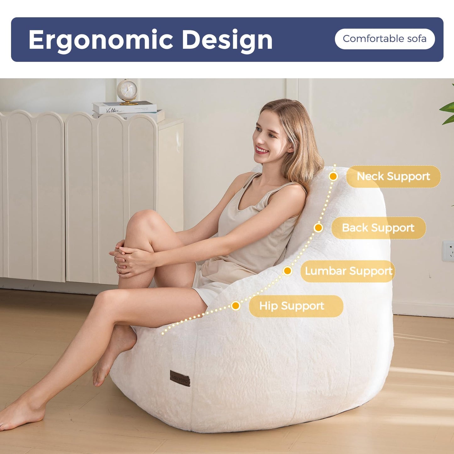 MAXYOYO Bean Bag Chair, Comfy Bean Bag Sofa with Back Support, Faux Fur Bean Bag Chair for Adults and Kids, Stuffed Floor Sofa for Living Room, Bedroom, Apartment, Beige