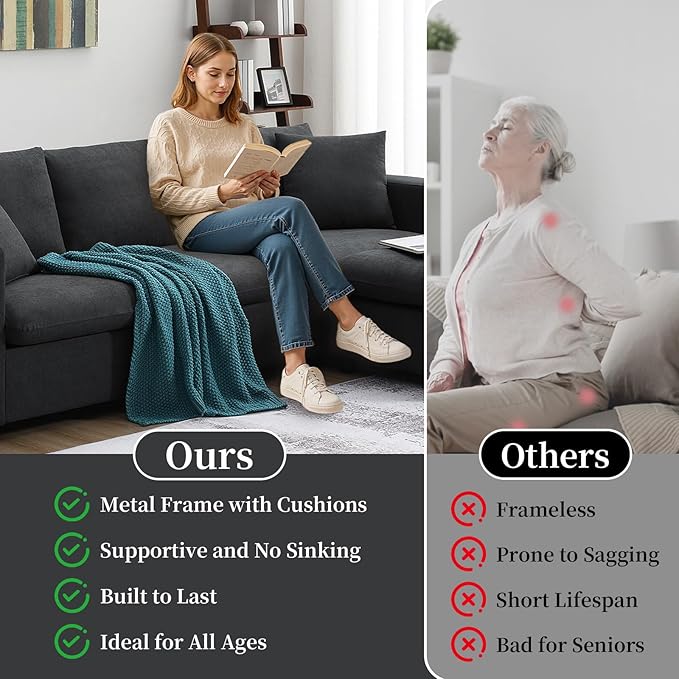 KIVENJAJA Black Cloud Couch for Living Room Apartment Small Spaces, Linen L Shaped Modular Sectional Sofa with Convertible Ottoman Chaise, Modern Minimalist, Metal Frame, 100.4" W 3 Seater