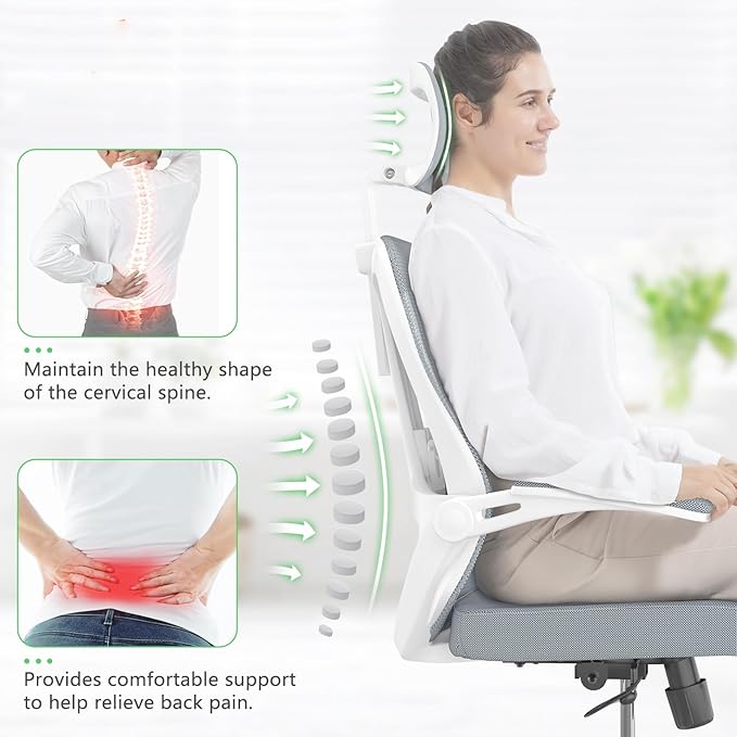 balmstar Office Chair,Ergonomic Comfy Home Desk Chair with 350LBS Capacity,High Back Gaming Chair with Wheels,Mesh Computer Chair,Lumbar Support, Adjustable Headrest,Flip-up Armrest (A-gray + White-1)