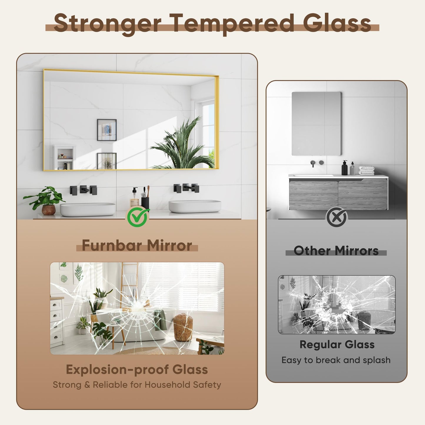 Furnbar Gold Bathroom Mirror 55x30 Inch, Rectangle Mirror with Metal Deep Frame, Wall Mirrors for Over Sink, Vanity, Bedroom, Bathroom, Hangs Horizontally or Vertically
