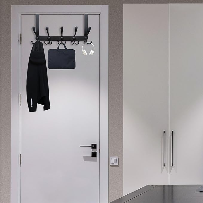WEBI Over The Door Hook Door Hanger Hook Rack with 5 Tri Hooks for Hanging Coats, Door Towel Rack Door Coat Hanger Over Door Coat Rack for Behind Back of Bathroom,Black,2 Packs