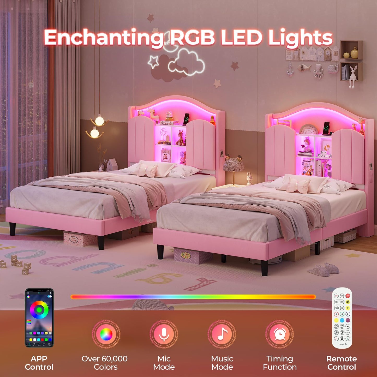 BTHFST Twin Girl Bed with LED Lights & Charging Station, Upholstered Storage Headboard Platform Twin Size Princess Bed Frame, No Box Spring Needed/Noise-Free/Easy Assembly, Pink