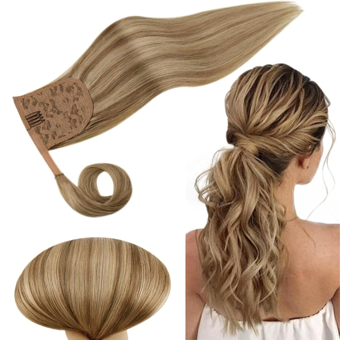 RUNATURE Human Hair Ponytail Extension Blonde Ponytail Hair Extension Dark Blonde Highlight Caramel Blond Short Ponytail Human H