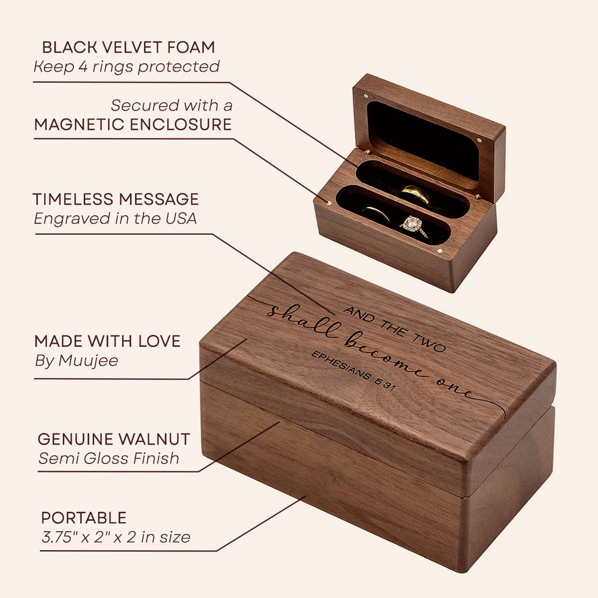 MUUJEE Engraved Ring Box (Two Become One) - Wedding Ring Bearer Box for 2 to 4 Rings Engagement Proposal Promise Ring Storage