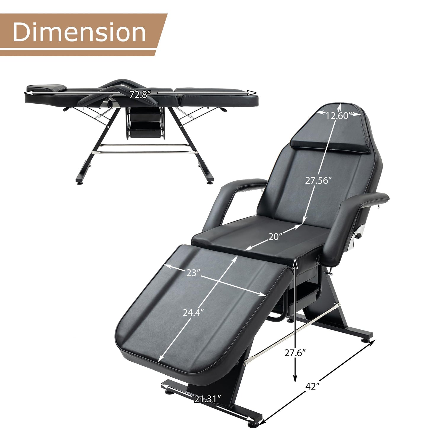 VroomAuto Professional 3-Section Hydraulic Facial Bed & Massage Chair with Stool, Adjustable Esthetician Table for Spa, Tattoo, Beauty Salon, Black