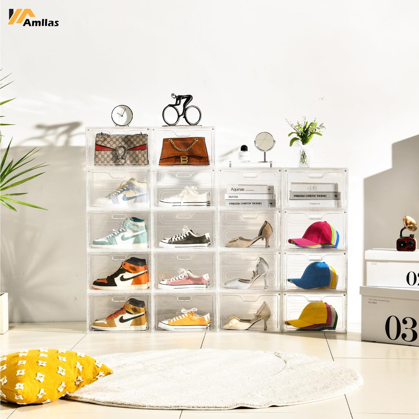 Amllas 8 Pack Shoe Boxes Clear Plastic Stackable, Large Shoe Storage Organizer with Lids,Drop Side Shoe Containers for Entryway,Sneaker Storage Fit up to US Size 13 (13’’x 10.6”x 8.3”)