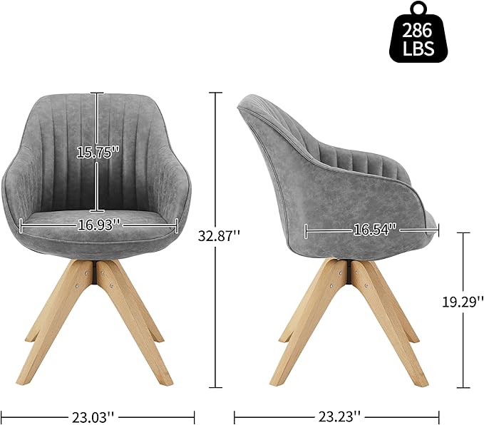 Art Leon Dining Chair, Mid Century Modern Faux Leather Upholstered Swivel Dining Room Chair with Oak Wood Legs, Leisure Side Chair with Arms for Living Room, Gray