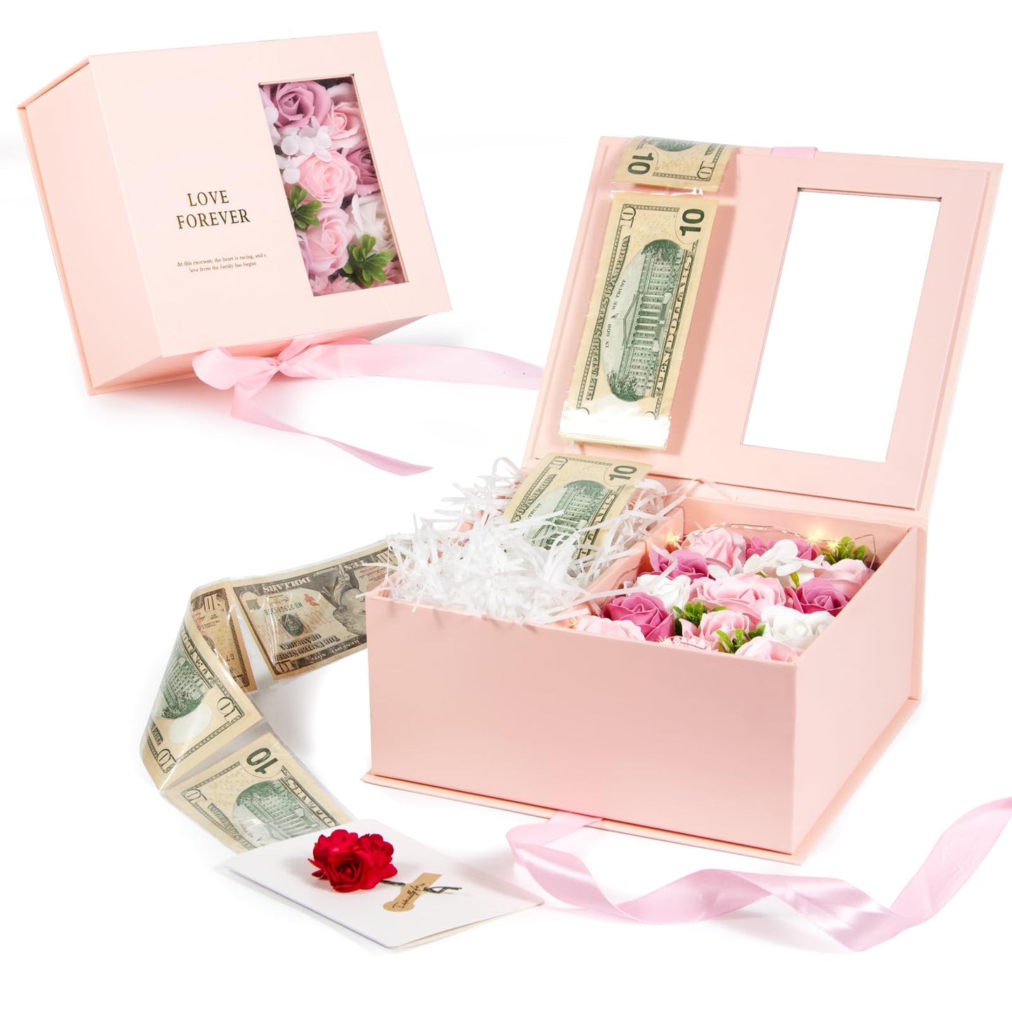 SDALU Money Pull Box for Cash Gift - Luxury Money Pull Out Flower Gift Box with Lid Flower and Ribbon, Unique Birthday Gift Box for Wife, Girlfriend, Mother, Friend