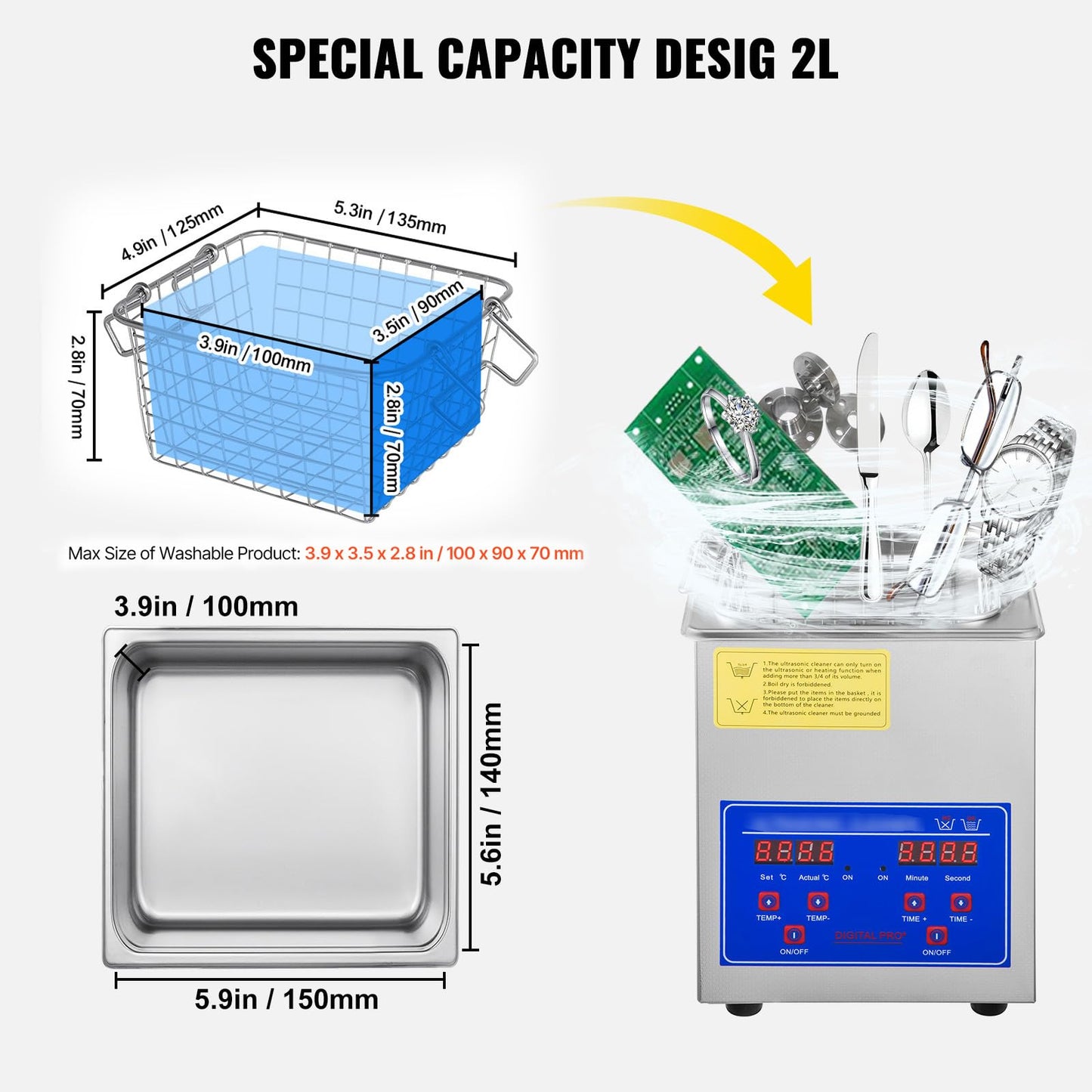 VEVOR 2L Digital Ultrasonic Parts Cleaner with Timer 40kHz Professional 304 Stainless Steel Ultrasonic Cleaner 110V for Jewelry Watch Glasses Diamond Eyeglass Small Parts Cleaning