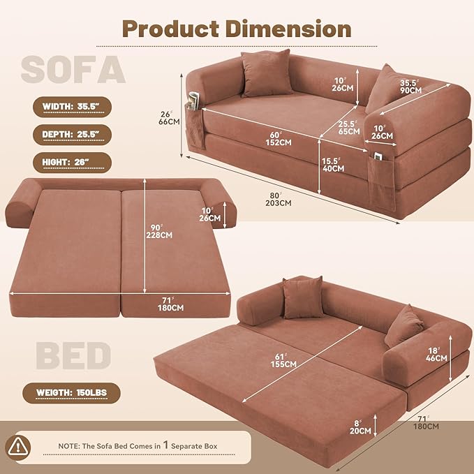 GJQ Convertible Futon Sofa Bed,80" Folding Pull Out Couch Bed with Storage,Queen Sleeper Sofa Bed,Compressed Couch in a Box,Corduroy Boneless Couches for Living Room,Pink