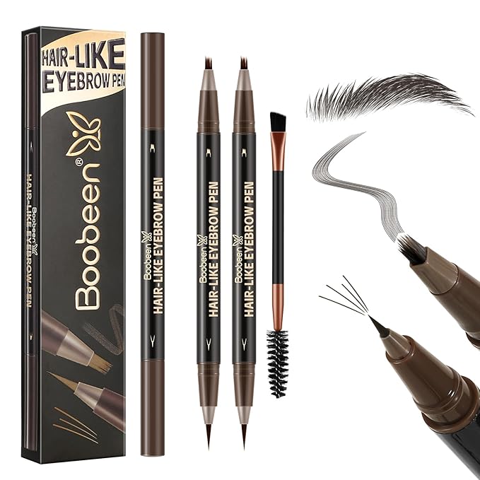 Boobeen 3pcs Waterproof Eyebrow Pen，Dual-Ended Eyeliner Microblading Eyebrow Pencil for Women，Long Lasting Hair-Like Brow Pen with Brow Brush，Dark Brown