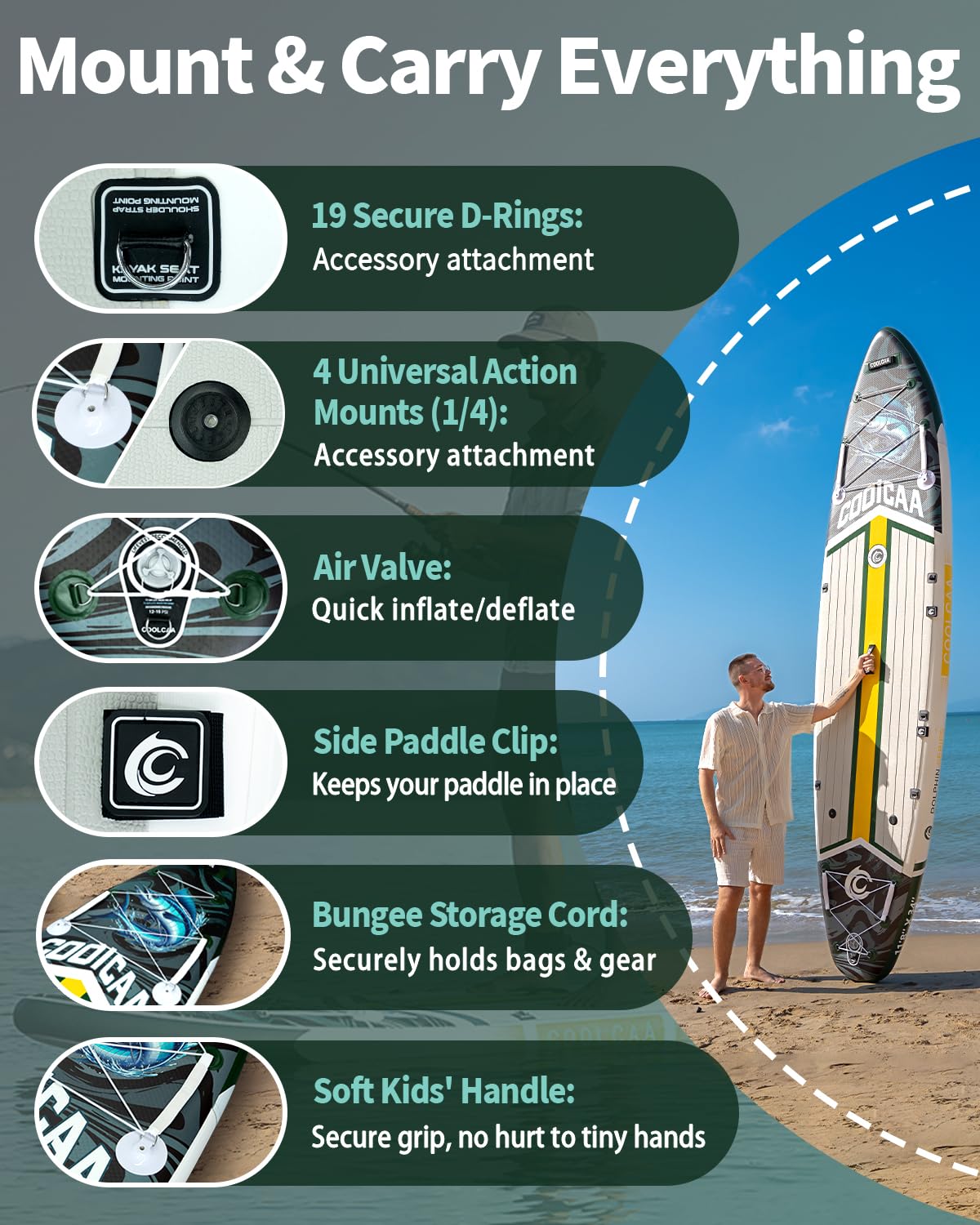 COOLCAA Dolphin 11'8" Inflatable Stand-Up Paddle Board, 490Lbs Capacity SUP Board with 34'' Extra Wide, Fishing Paddleboard with Accessories & Bag for Adults Youth (Sailfish Blade)