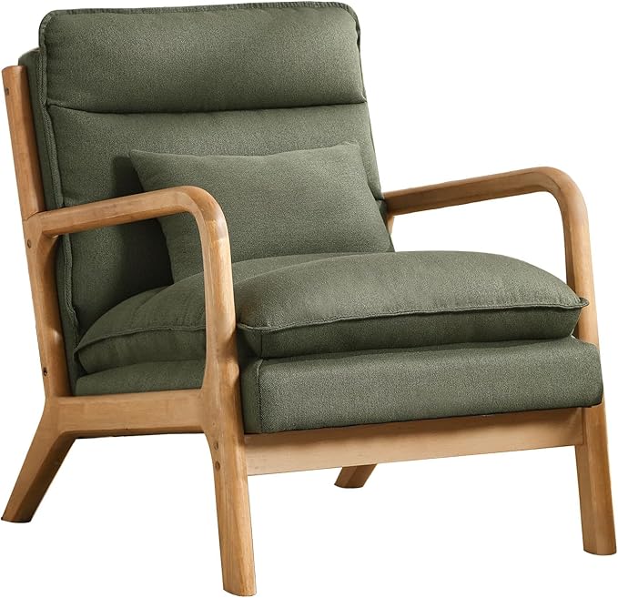 IOMOR Mid Century Modern Accent Chair Set of 2, Upholstered Lounge Armchair with Plump Back Pillow, Comfy Reading Chair with Solid Wood Frame for Bedroom Living Room, Green