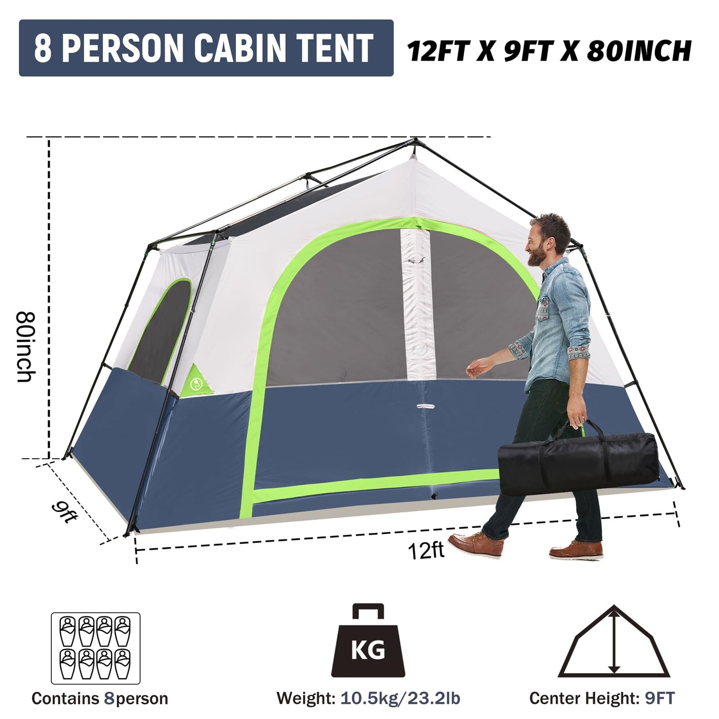 HIKERGARDEN 8 Person Camping Tent - Portable Family Cabin Tent for Camp, Windproof Fabric Camp Tent Outdoor for Hiking, Backpacking, Traveling-12'x9'x80in(H) (Dark Blue)