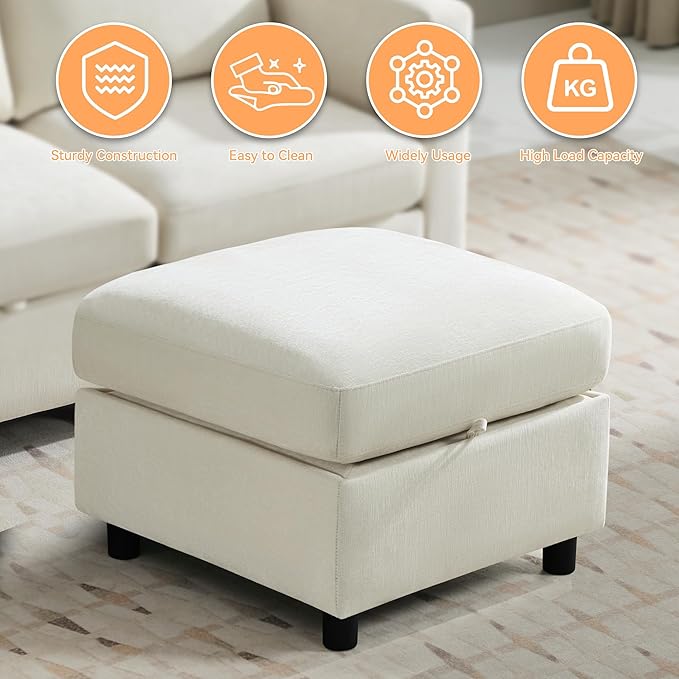 WUTUTUEE 25" Square Storage Ottoman for Modular Sectional Sofa, Convertible Couch Footrest with Hidden Compartment, Chenille Upholstered Coffee Table & Extra Living Room Seating, Beige