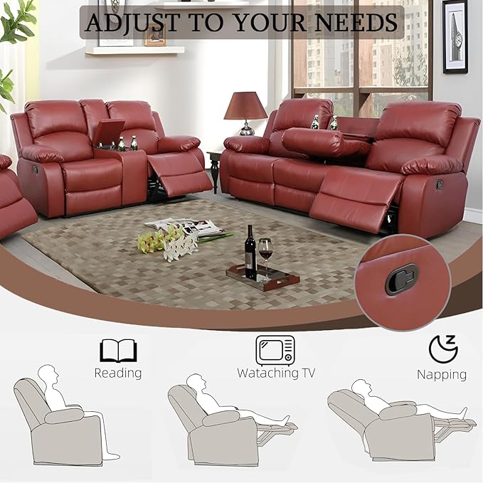 Caberryne 2 Pieces Leather Recliner Sofa Set，Recliner Sofa and Loveseat Sets for Living Room Furniture，Red Reclining Couch with 4 Recliners for Living Room/Office/Theater Seating(Sofa Set 2 Pieces)