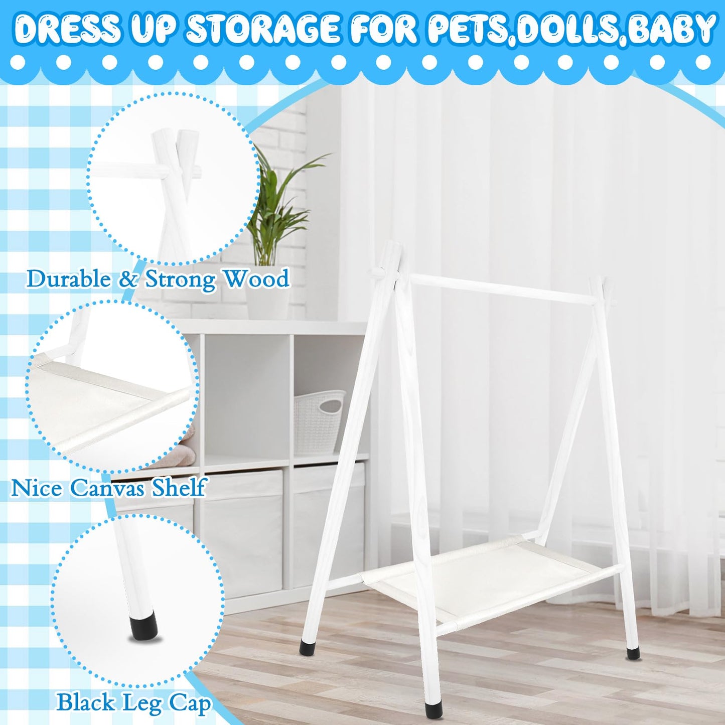 Queekay Baby Clothing Rack for Baby Shower Toddlers Wooden Kids Dress up Rack with Storage Shelf for Toddler Dogs Pets Small Clothes Kids Garment Closet(28.7" H, White)