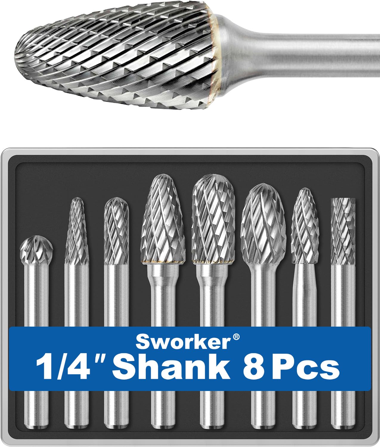 Sworker 8Pcs Carbide Burr Set 1/4 Shank w/Clear Box Max Head Dia 10mm Die Grinder Bits Rotary Tools Attachment Kit Rasp Accessories Metal Wood Stone Steel Grinding Deburring Cutting Porting Carving
