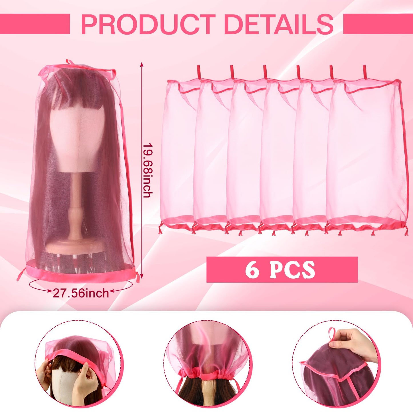 Loopeer 6 Pcs Wig Storage Bags Adjustable Wig Bag with Drawstring Portable Travel Organizer for keep from Dirt Dust(Rose Red)
