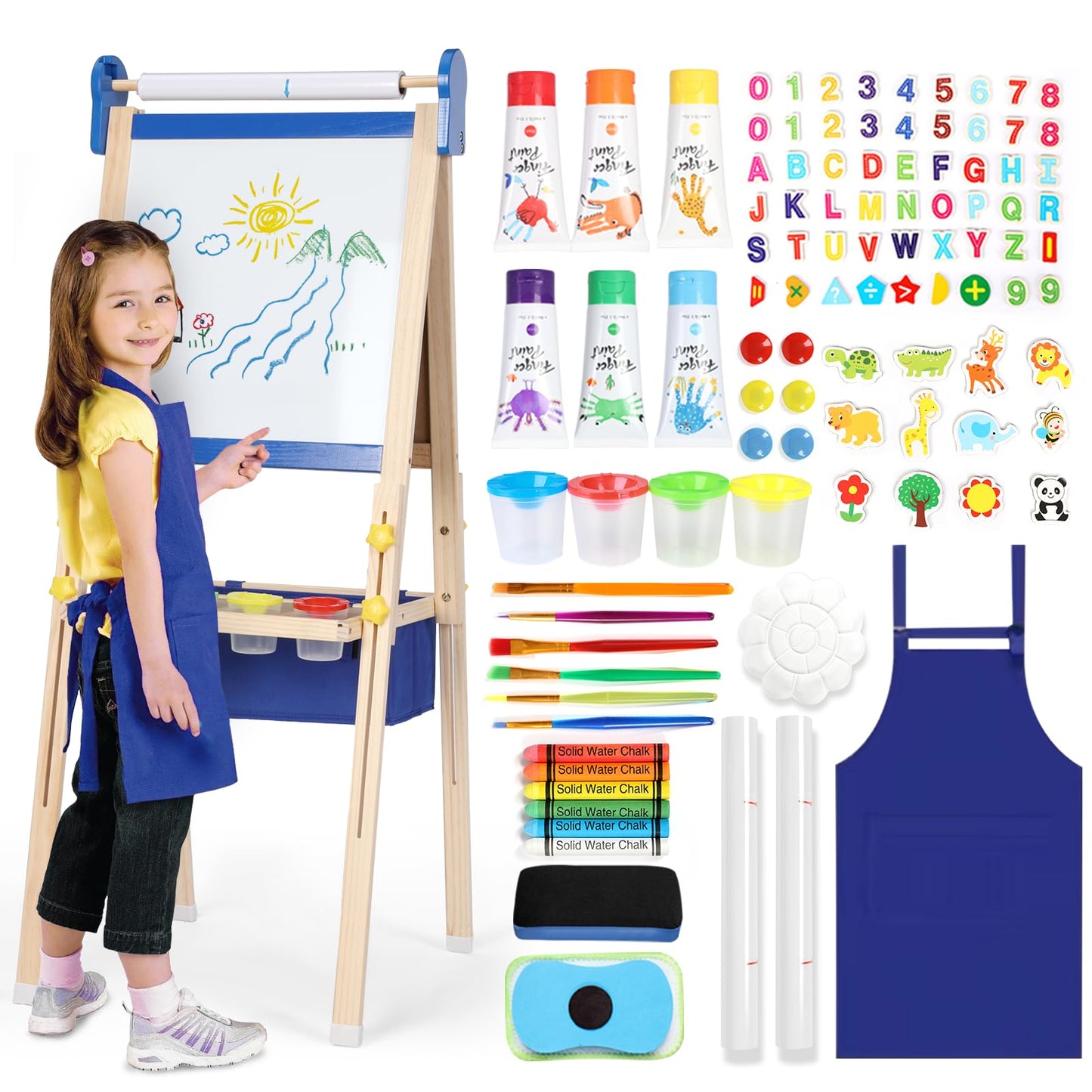 Kids Easel 3-1,Magnetic Chalkboard & Whiteboard, Paper Painting, Big Storage with Canvas Bag, Painting Sets with Finger Paints,Chalks,Brushes,Number Letters Magnets, Apron, Gift for Kids, Blue