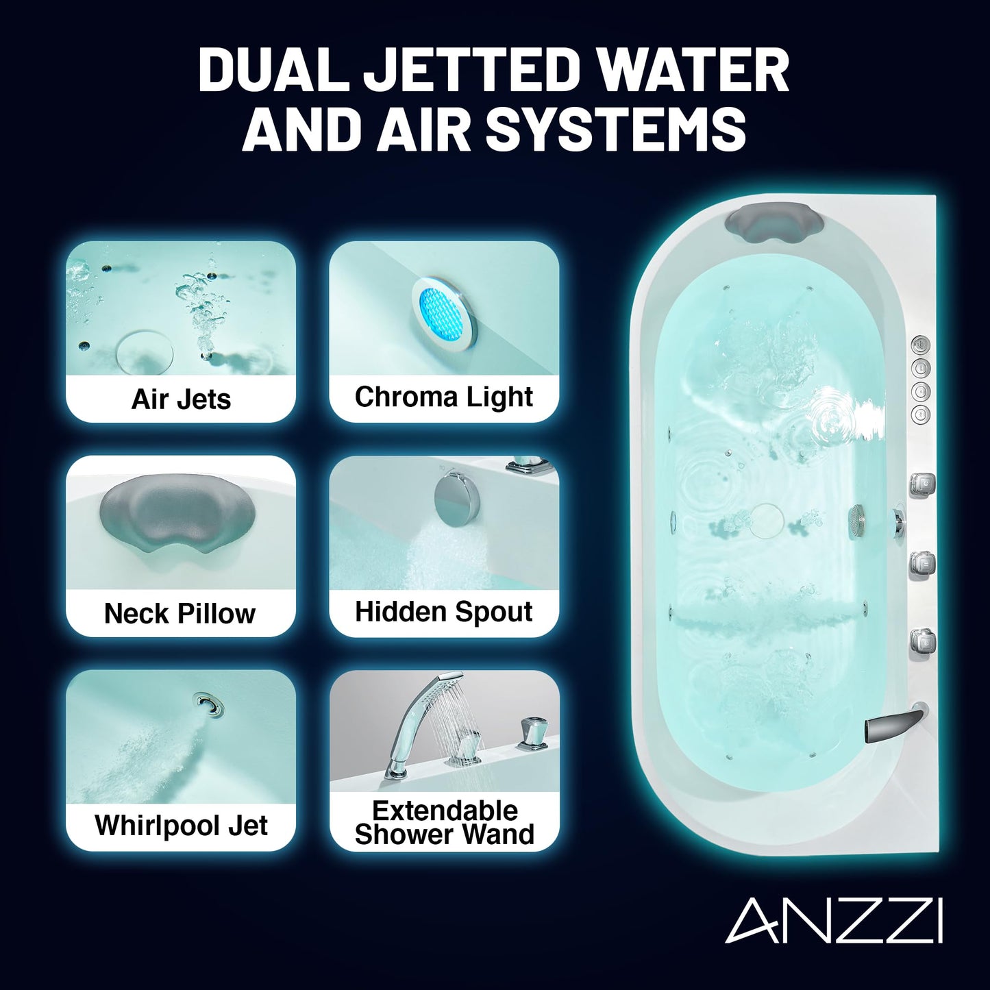 ANZZI Stone Bell 67" x 32" Freestanding Bathtub, Center Drain | Flat Bottom Tub with Air and Whirlpool Massage Jets, Lights, 5-Piece Faucet, 92 Gallon Free Standing Tub - White and Chrome