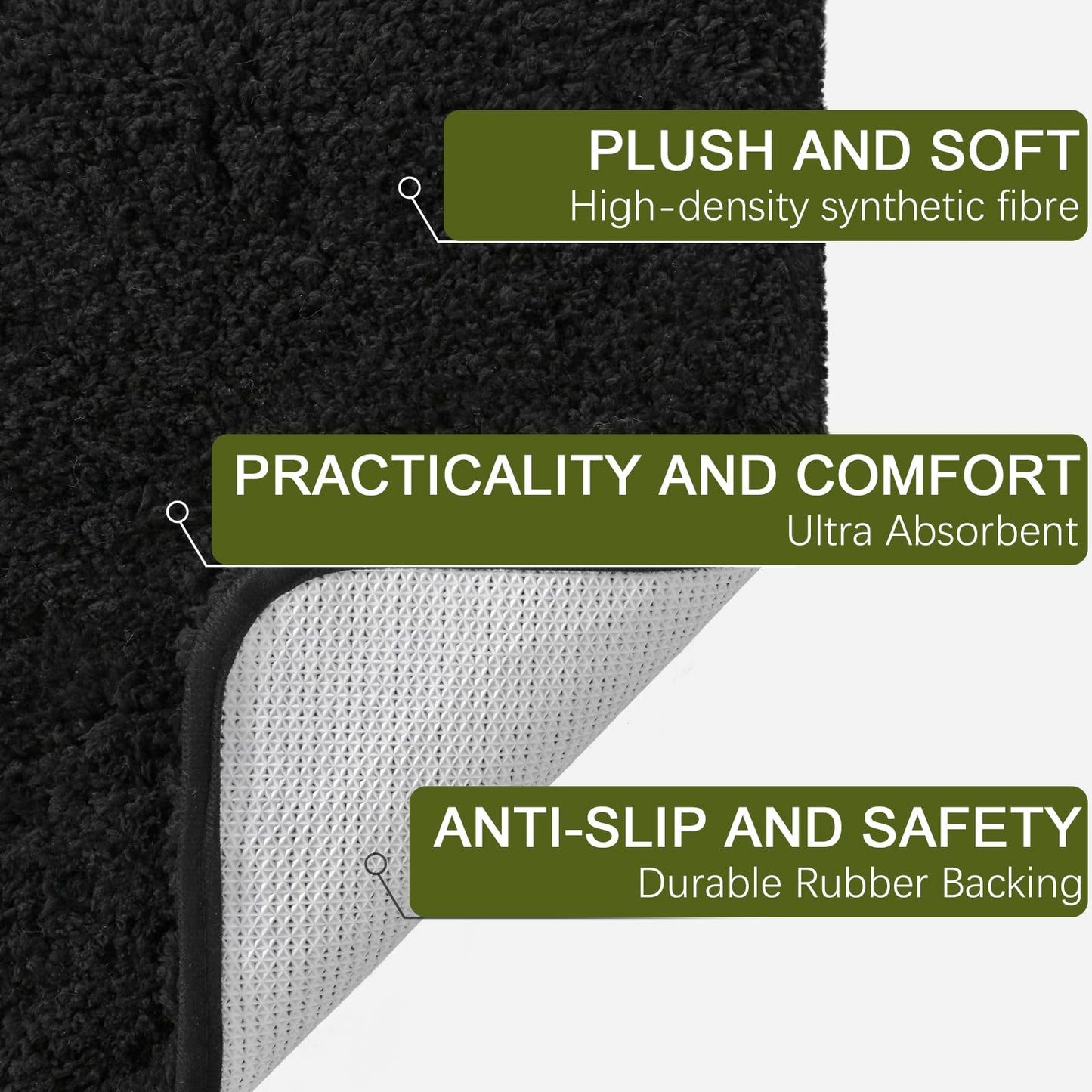 AROGAN Luxury Long Bathroom Runner Rug, 24x60 Inch Thick Soft and Absorbent Microfiber Non Slip Bath Mat, Rubber Backing Quick Dry Rugs Carpets, Machine Washable Plush Mats for Shower Floor, Black