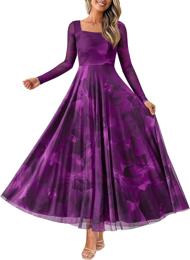 BTFBM Women Maxi Dress Spring 2026 Fashion Elegant Long Sleeve Square Neck Floral Print Party Club Wedding Guest Dresses