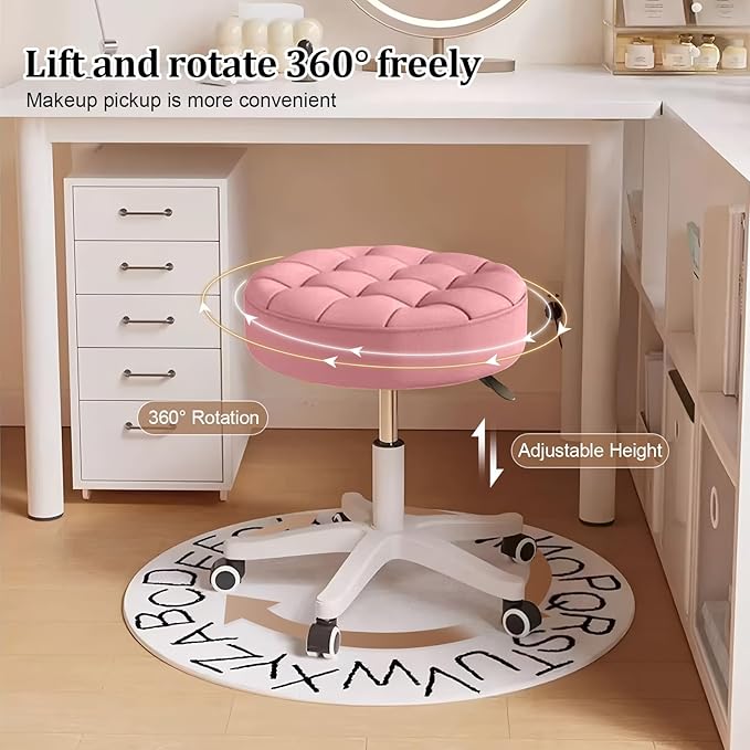 JPBSTO Small Rolling Stool with Wheels, PU Leather Height Adjustable Vanity Work Task Stool, 360 Swivel, Padded Seat Cushion,for Salon, Home, Office