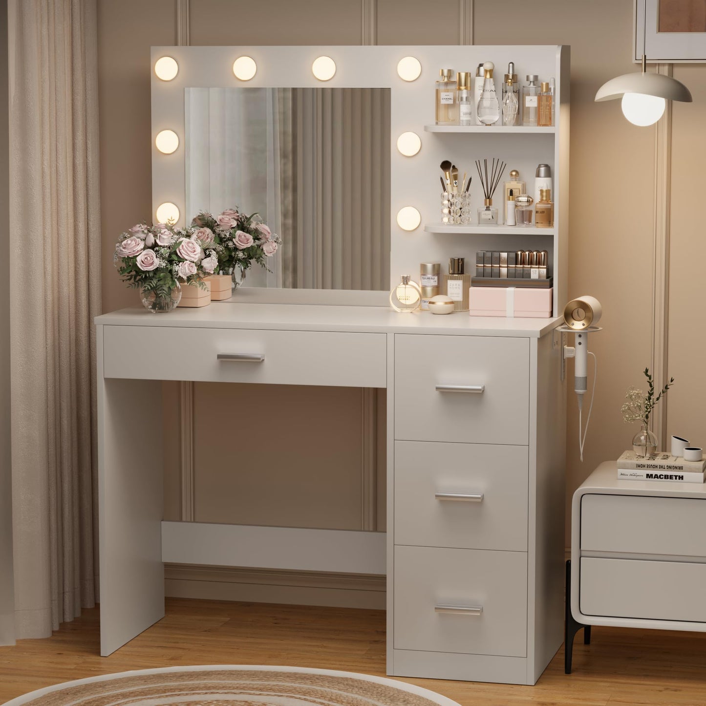 YESHOMY Vanity Desk with Mirror, 10 Lights, Power Outlet and 3 Storage Shelves, Makeup Table with 4 Drawers, 3 Color Modes, for Bedroom, White