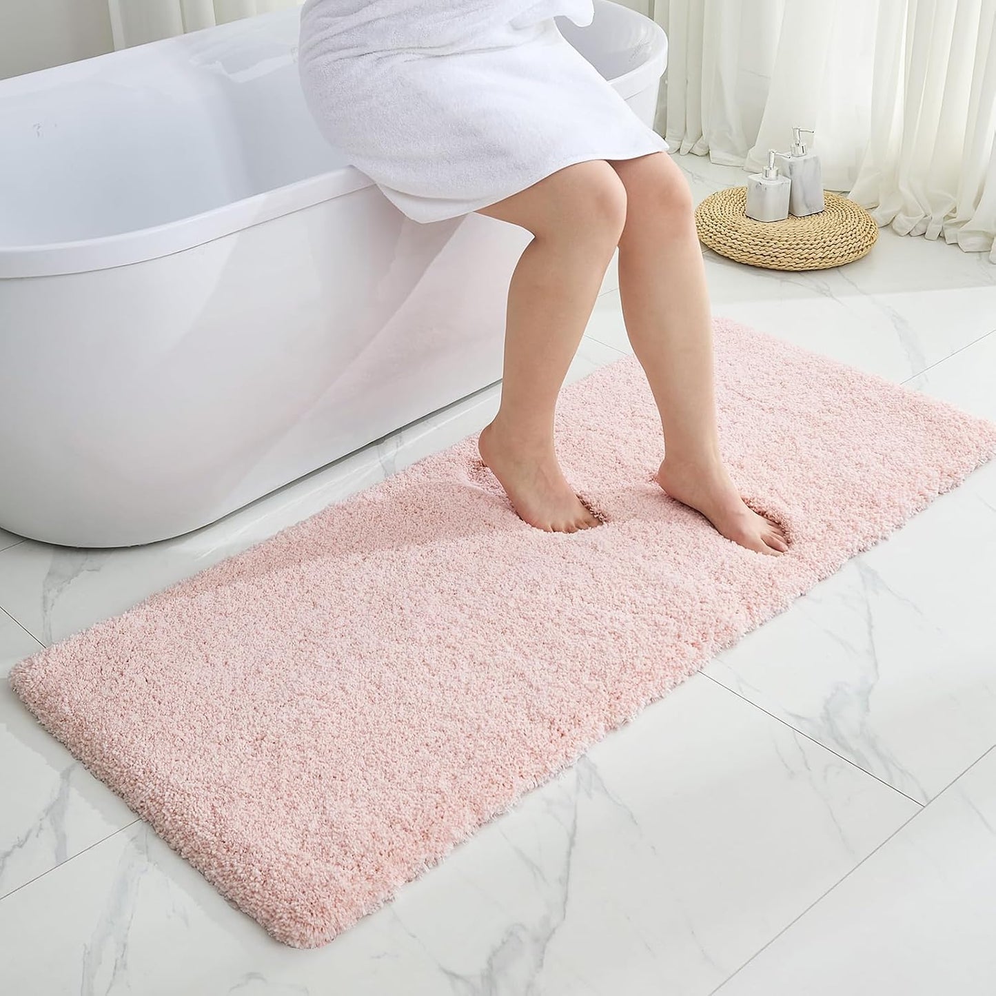 Bathroom Rugs 24x48 Non Slip Pink Fluffy Bath Mat for Bathroom Floor Washable Plush Luxury Bath Rug for Tub Soft Shaggy Absorbent Shower Sink Mat