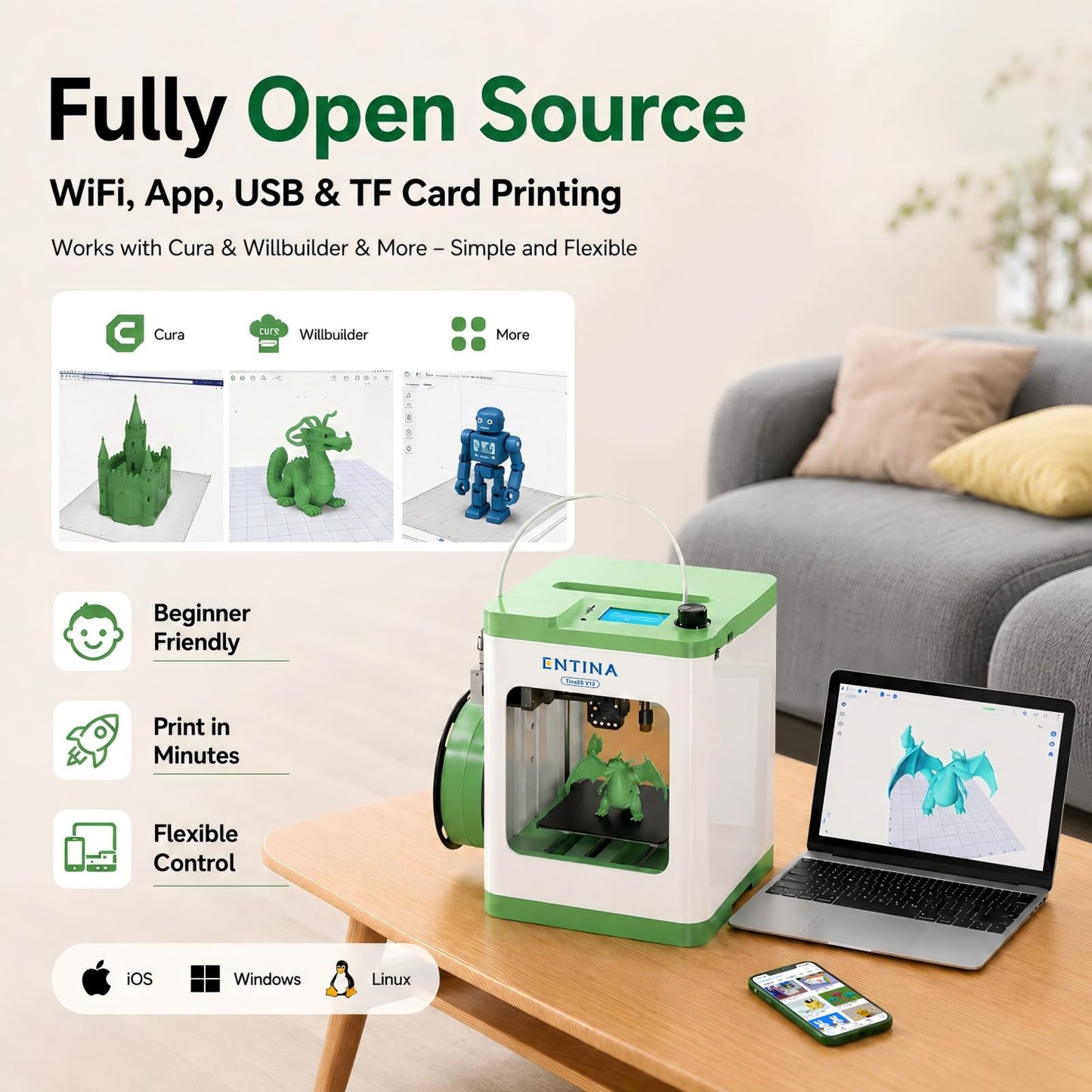 Entina TINA2S 3D Printers with WiFi Cloud Printing, Fully Assembled with Auto Leveling, Huge Library, DIY Mini 3D Printer for Beginners and Kids, High Precision 3D Printer for Home, Office & School