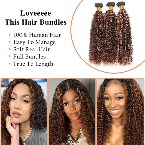 Giginger Jerry Curly Human Hair Bundles 16 18 20 Inch Brazilian Chocolate Brown Highlight P4/30 Jerry Curly Bundles Human Hair 100% Unprocessed Raw Quick Weave Hair for Black Women