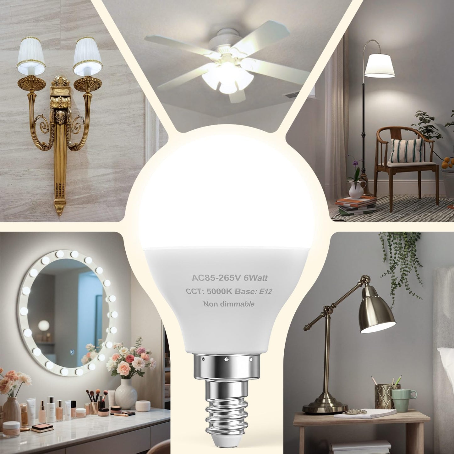 GOSCHE 6 Pack Bright Ceiling Fan Light Bulbs, 60 Watt Equivalent, E12 Led Bulb, A15 Shape Candelabra Base Chandelier Light Bulb, 120V Small Bulb, Non-Dimmable, Daylight 5000K, 6 Pcs