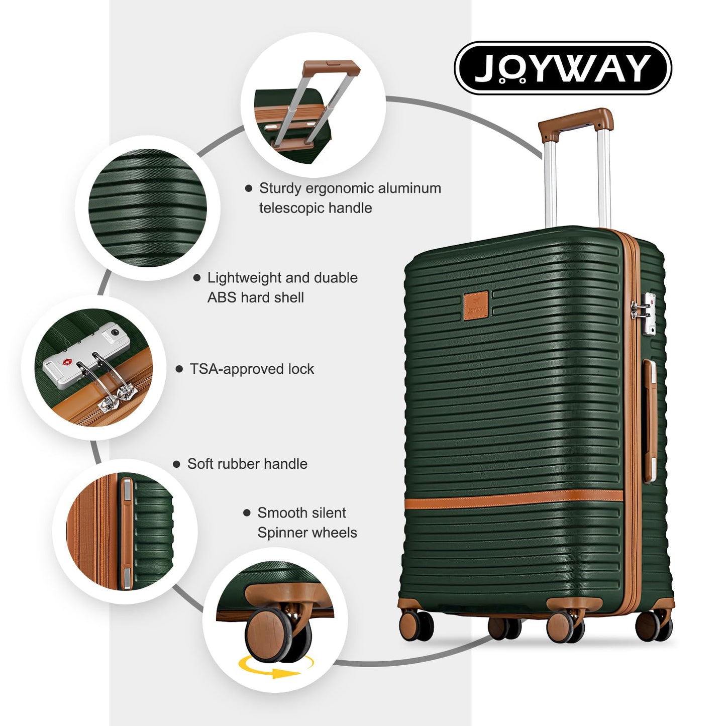 Joyway Luggage Set 3 Piece Suitcase Sets with Spinner Wheel,Hardside Expandable Travel Laggage with TSA Lock (13/20/24/28 Green brown