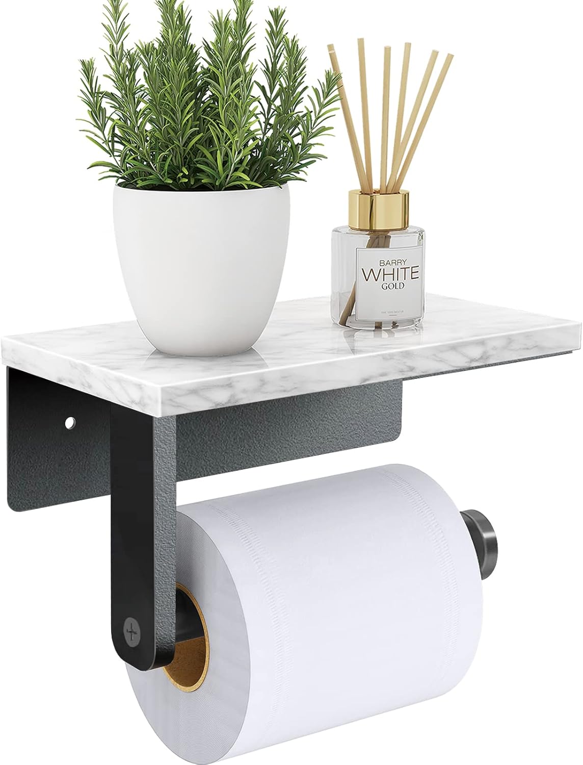 Marble Toilet Paper Holder with Shelf, 304 Stainless Steel Screw Wall Mounted, Tissue Roll Holder for Bathroom Washroom Matte Black