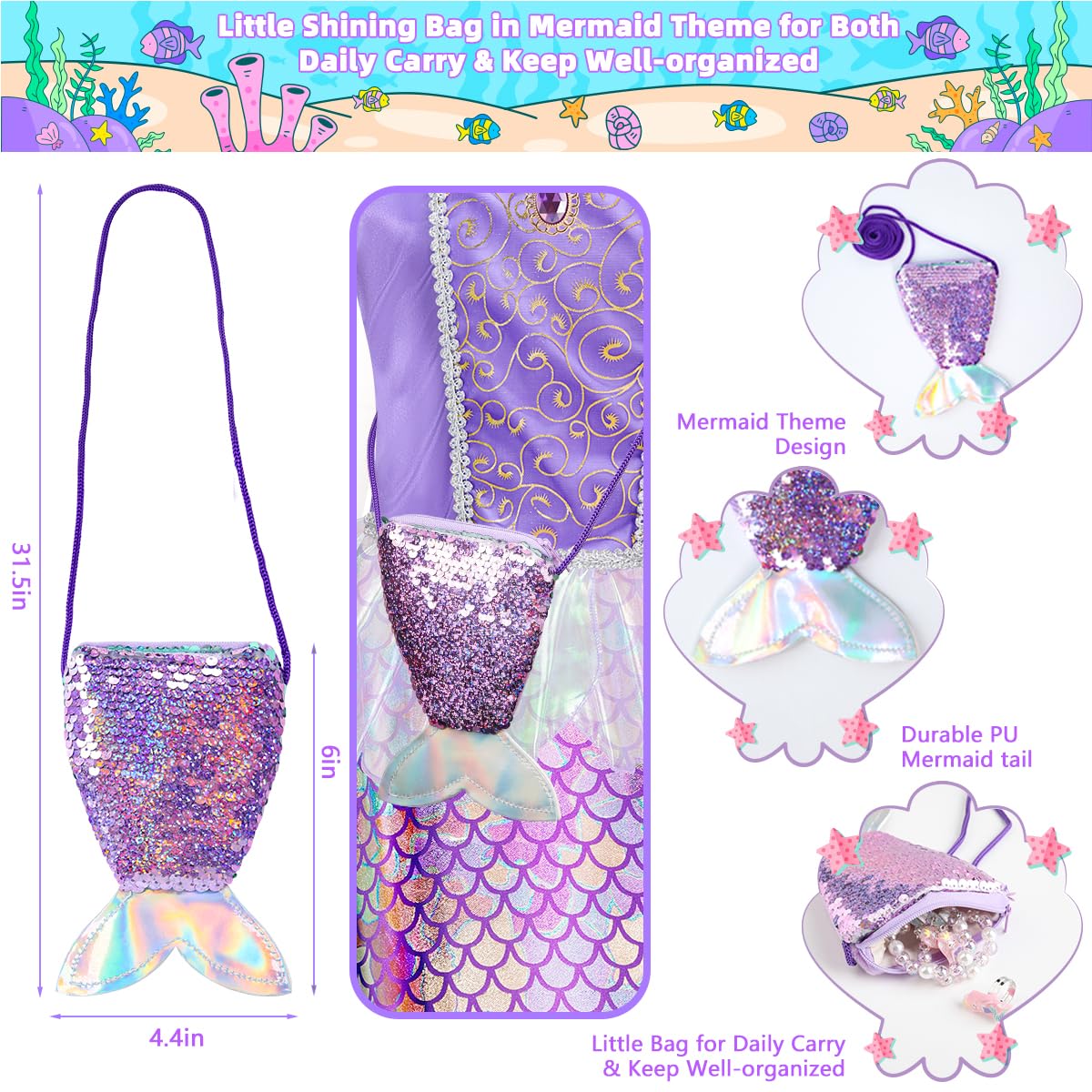 Meland Princess Dress Up for Girls - Mermaid Dress Costumes for Girls with Wig, Girl Mermaid Toys Birthday Gift for Girl 3-8