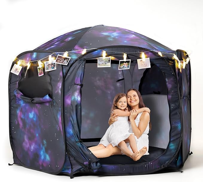 Kids Pop Up Play Tent with Fairy Lights, Hexagonal House with Removable Mat, Indoor Playhouse for Children, Galaxy Theme G...