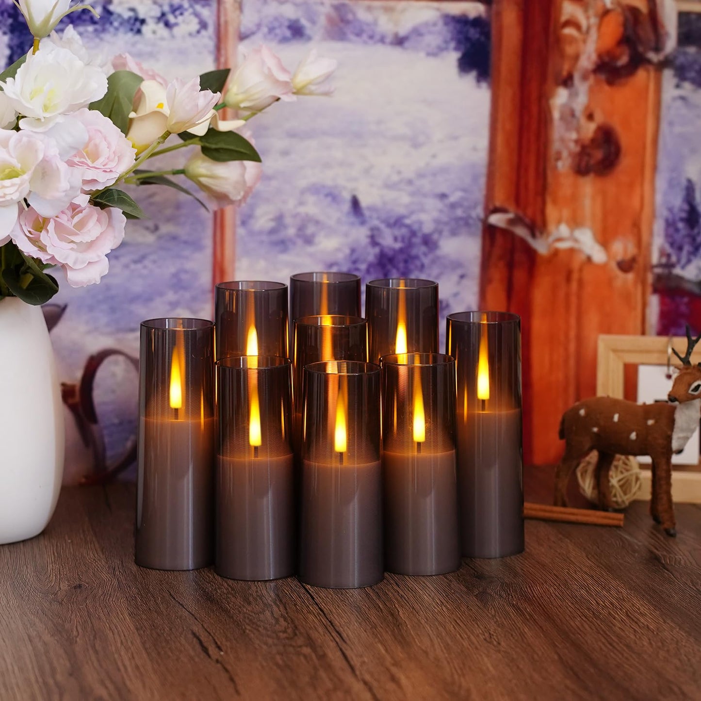 Thorbling Flameless LED Candles, Upgraded Realistic 9 Pcs Flickering Flame Pillar Candles, Battery Operated Candles with Remote Timer, for Romantic Ambiance and Home Decoration (Grey)