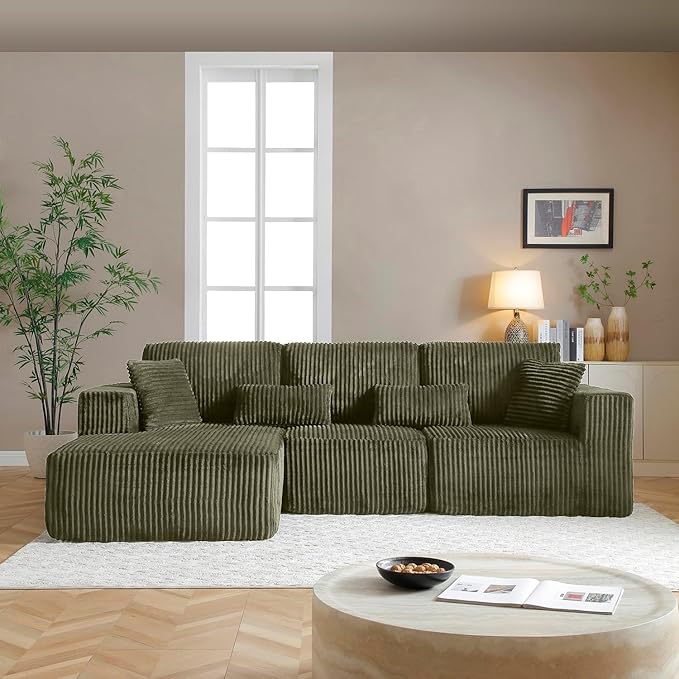 Vanress 110" Cloud Couch Sectional, Corduroy Boneless Couch with L-Shape Chaise,Modern Modular Sectional Sofa Comfy Deep Seat for Living Room, Bedroom, No Assembly (Green, Left Facing Chaise)