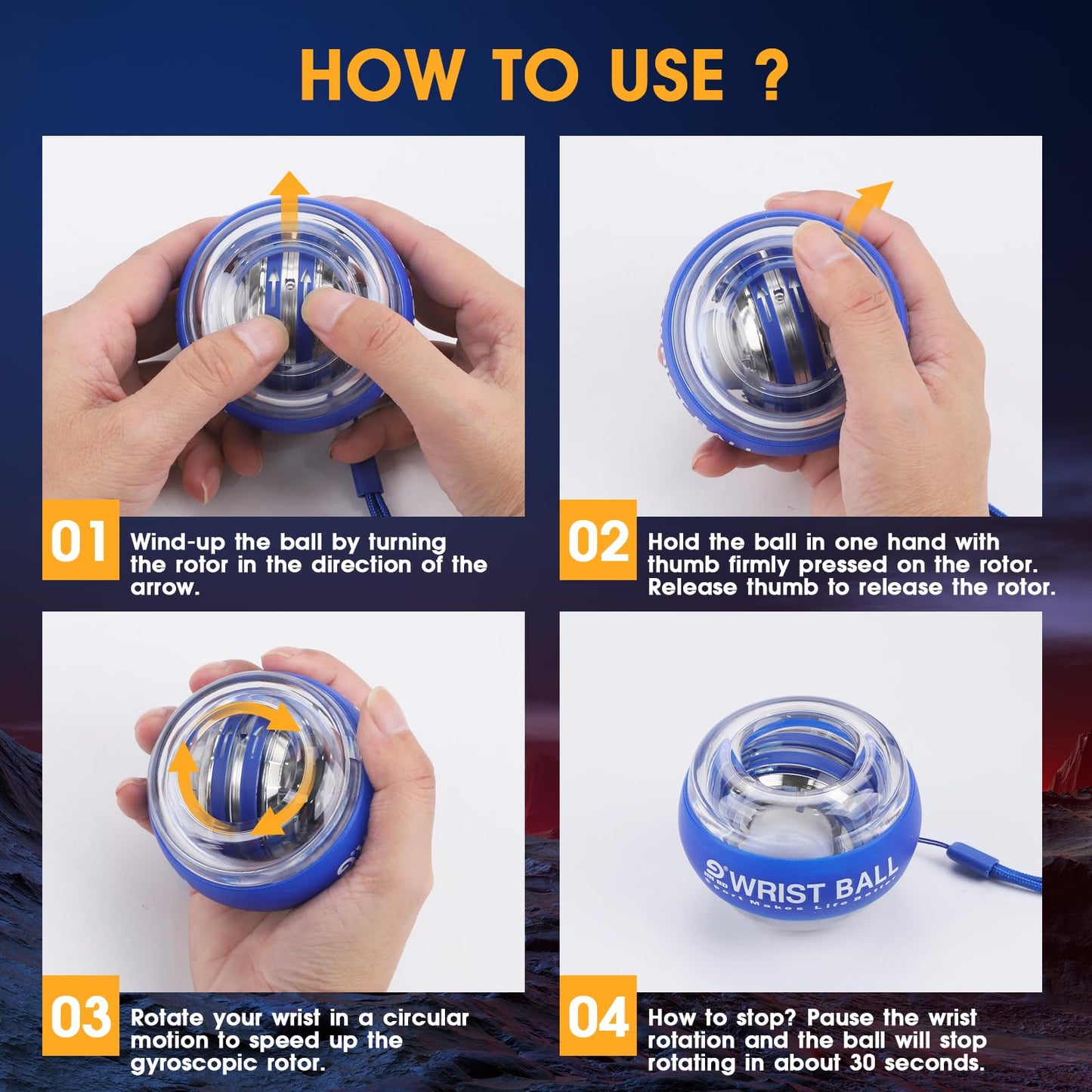 JIN BDWrist Trainer Ball Auto-Start Wrist Strengthener Gyroscopic Forearm Exerciser Gyro Ball for Strengthen Arms, Fingers, Wrist Bones and Muscles（Blue Without Light）