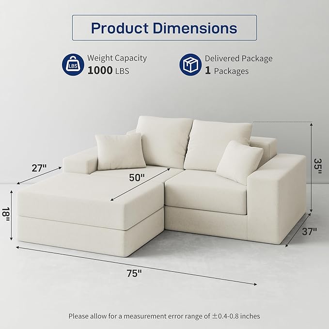 Cloud Modular Sectional Sofa, Comfy Boneless Couch for Living Room, Modern L-Shaped Couch with Reversible Chaise, Customizable Sleeper Sofa with Non Slip, No Assembly & Deep Seat, Beige