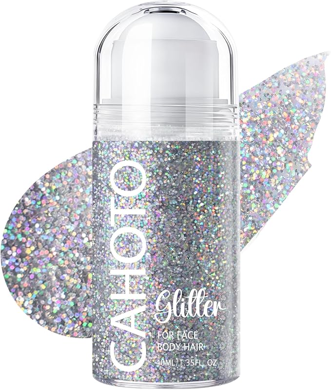 CAHOTO Silver Rolling Glitter for Face Body & Hair, Sparkling Holographic Chunky Shimmer, Roll-on Sequins for Singer Conce...