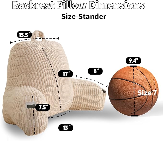 PAJEO Reading Pillow for Sitting in Bed, Large Backrest Reading Pillow with Arm Rest,Back-Rest Support Cushion for Sit Up on Couch, Sofa, and Floor, Dorm Essentials (Cream Corduroy, Standard(17"))