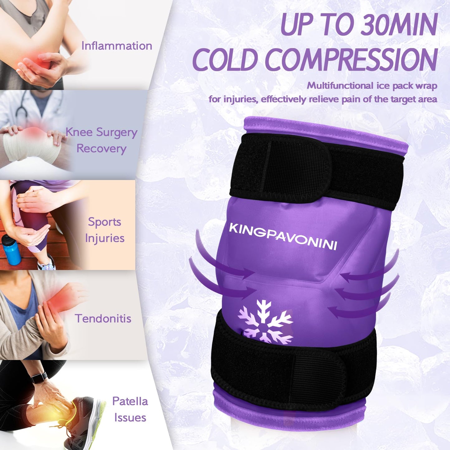 KingPavonini XXL Knee Ice Pack Wrap Around Entire Knee After Surgery, Large Reusable Gel Ice Pack for Injuries, Pain Relief, Swelling, Sports Injuries, 2 Pack (Purple)